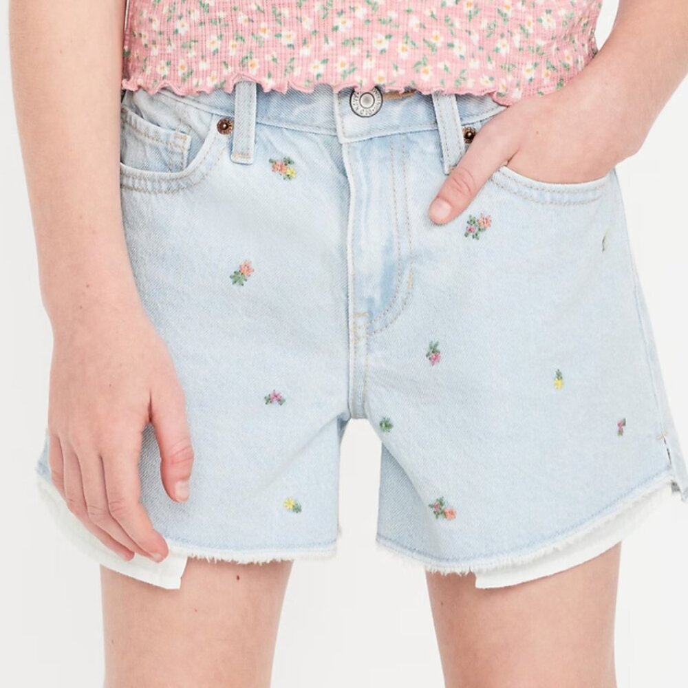NWT Old Navy Girls Embroidered Floral Denim Shorts Frayed Hem 12